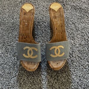 Chanel Gray and Gold Wedge Sandals